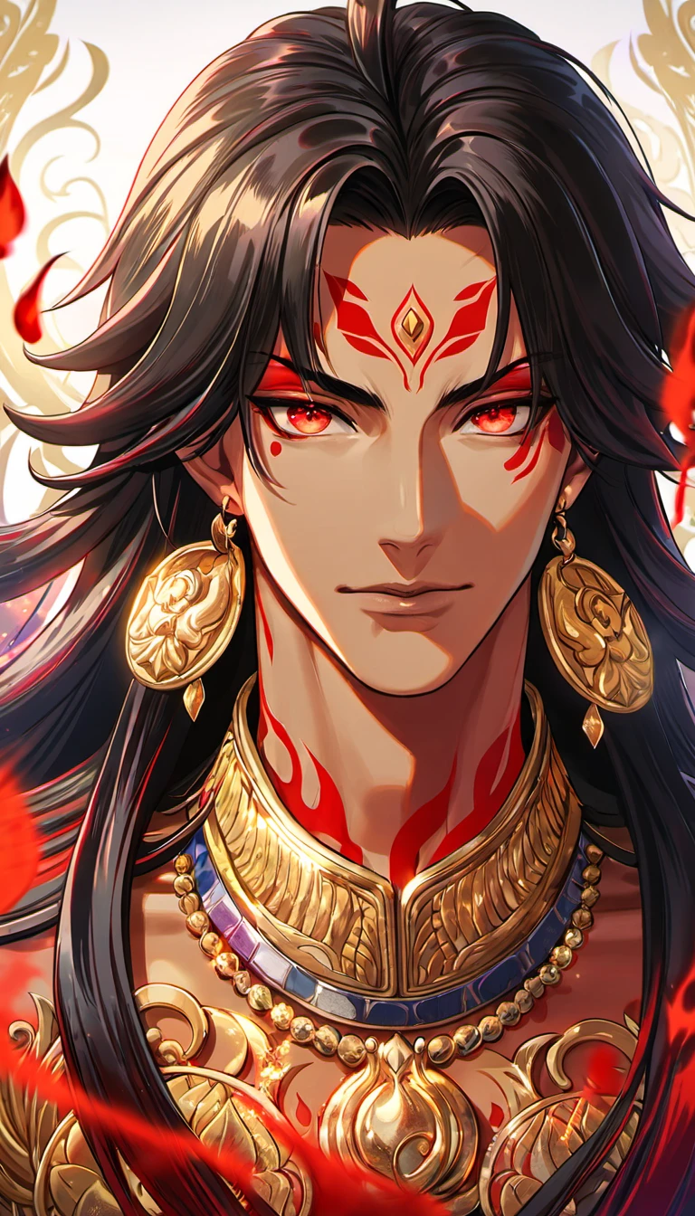 (absurdres, highres, ultra detailed, HDR), master piece, best quality, vibrant red eyes, 1man, handsome face, Asura from onmyoji, black long hair, tanned skin, red mark on the forehead, golden lotus earrings, golden necklace, flames, red butterflies