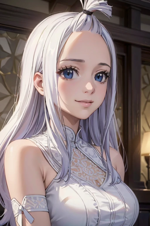 ultra realistic 8k cg, masterpiece, ((ultra detailed background, delicate pattern, intricate detail)), (highly detailed, fine details), best quality, 1girl, (photorealistic:1.4),beautiful lighting, absurdres, RAW photo, film grain, Mirajane Strauss with a beautiful smile wearing a