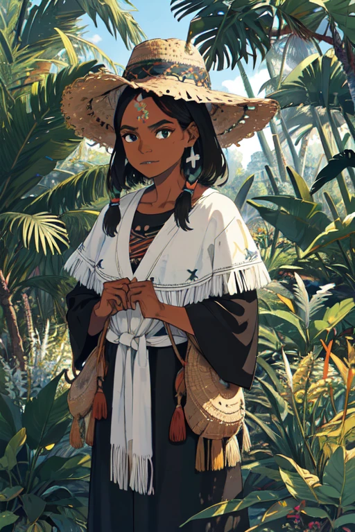 Indigenous mixed with black, espanhola, italiana, indigenous black woman break (obra de arte, Melhor qualidade:1.2), ao ar livre, Natureza, floresta, pinheiros, grama, tall grama, detailed grama, Plantas, dia, nuvens,
