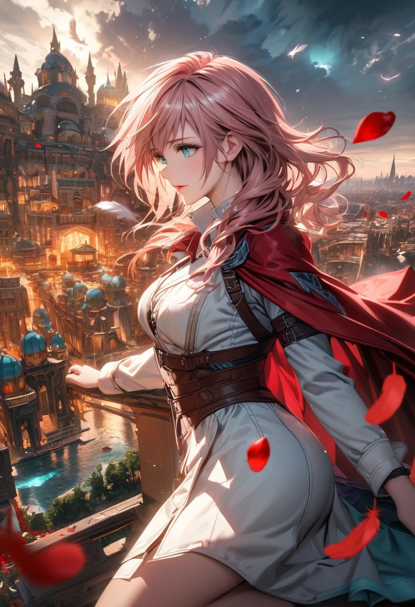 Ultra detailed, highres, absurdres, HDR, Claire Farron, wavy rose pink short hair, aqua pale eyes, Final Fantasy, Lightning Farron, 1 woman only, extremely beautiful, magical city, white clothes, red cape, feathers and red petals