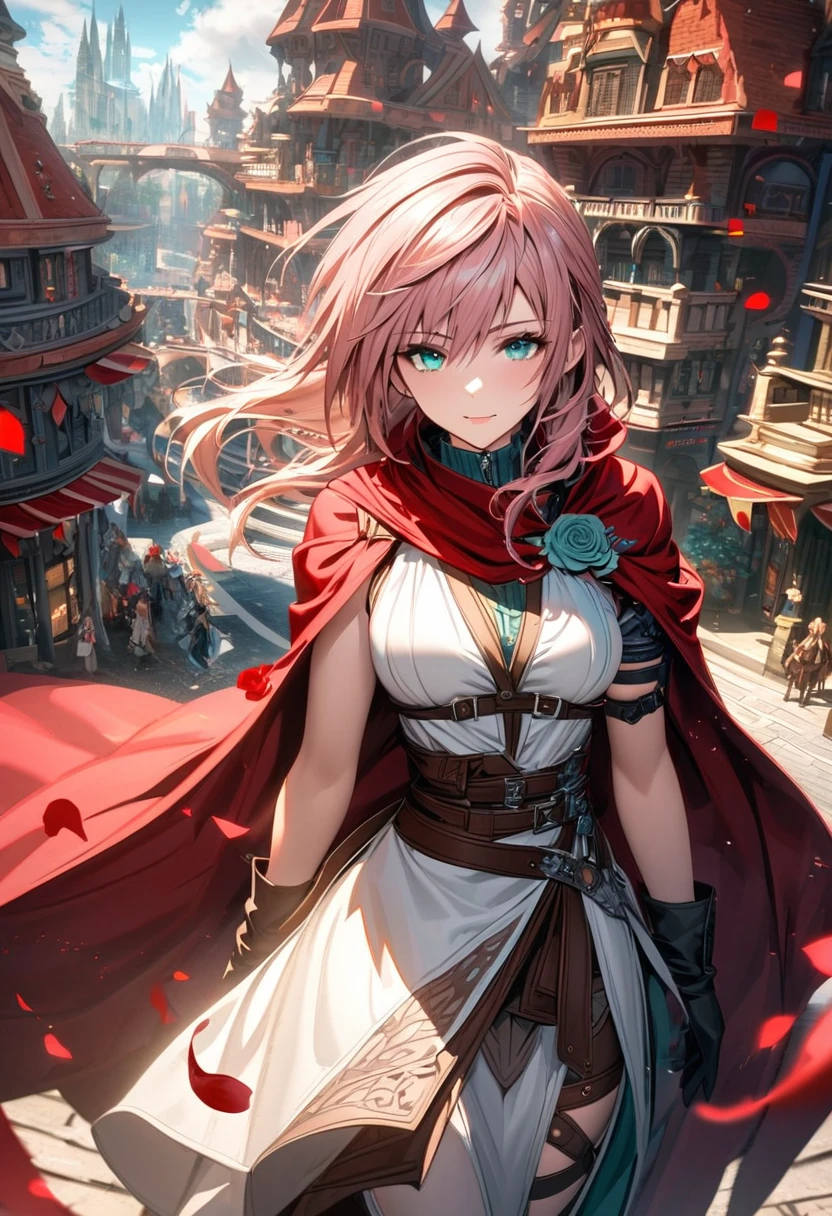 Ultra detailed, highres, absurdres, HDR, Claire Farron, wavy rose pink short hair, aqua pale eyes, Final Fantasy, Lightning Farron, 1 woman only, extremely beautiful, magical city, white clothes, red cape, feathers and red petals