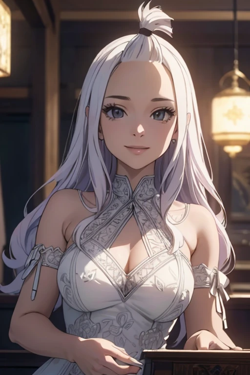 ultra realistic 8k cg, masterpiece, ((ultra detailed background, delicate pattern, intricate detail)), (highly detailed, fine details), best quality, 1girl, (photorealistic:1.4),beautiful lighting, absurdres, RAW photo, film grain,  Mirajane Strauss with a beautiful smile wearing a  