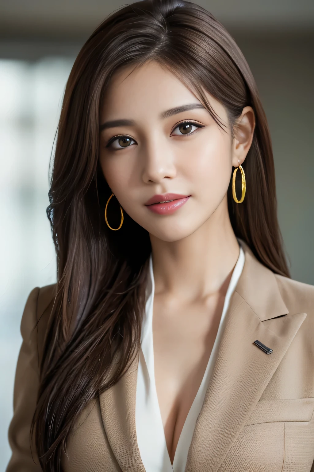 table top, highest quality, realistic, Super detailed, finely, High resolution, 8k wallpaper, 1 beautiful woman,, light brown messy hair, wearing a business suit, sharp focus, perfect dynamic composition, beautiful and detailed eyes, thin hair, Detailed realistic skin texture, smile, close-up portrait, model body shape、big earrings