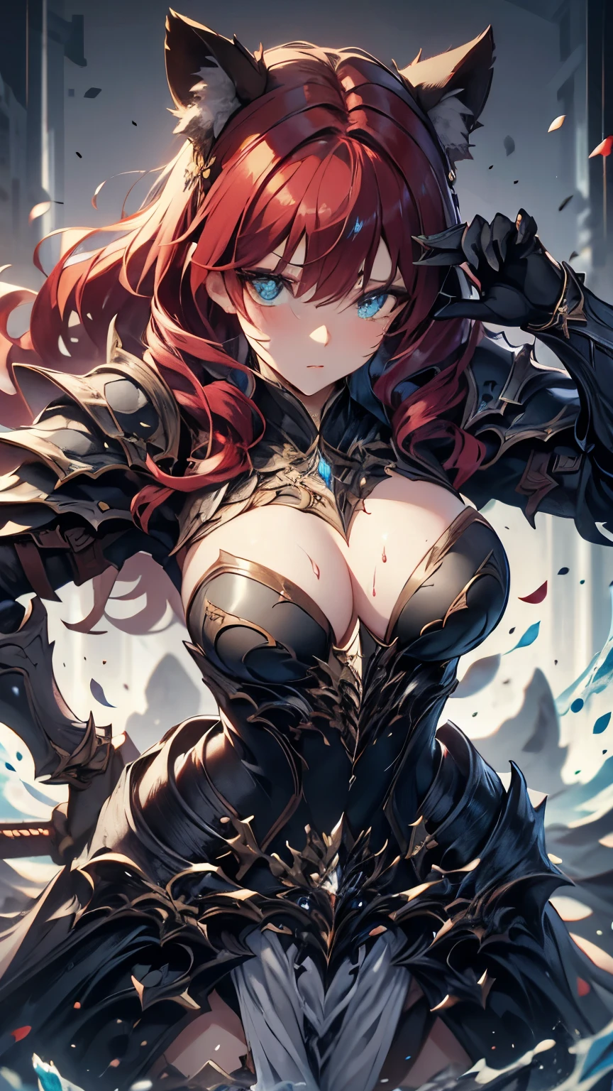 red hair, twin drills, crown, aqua eyes, raccoon ears, chiaroscuro, motion lines, negative space, multiple views, foreshortening, Fujifilm, UHD, masterpiece, textured skin, high details, Female knight, beautiful mature woman, 40 years old, wearing armor with intricate patterns, steel armor, wet eyes, detailed face, delicate fingertips, clutching a great sword, prince nobility