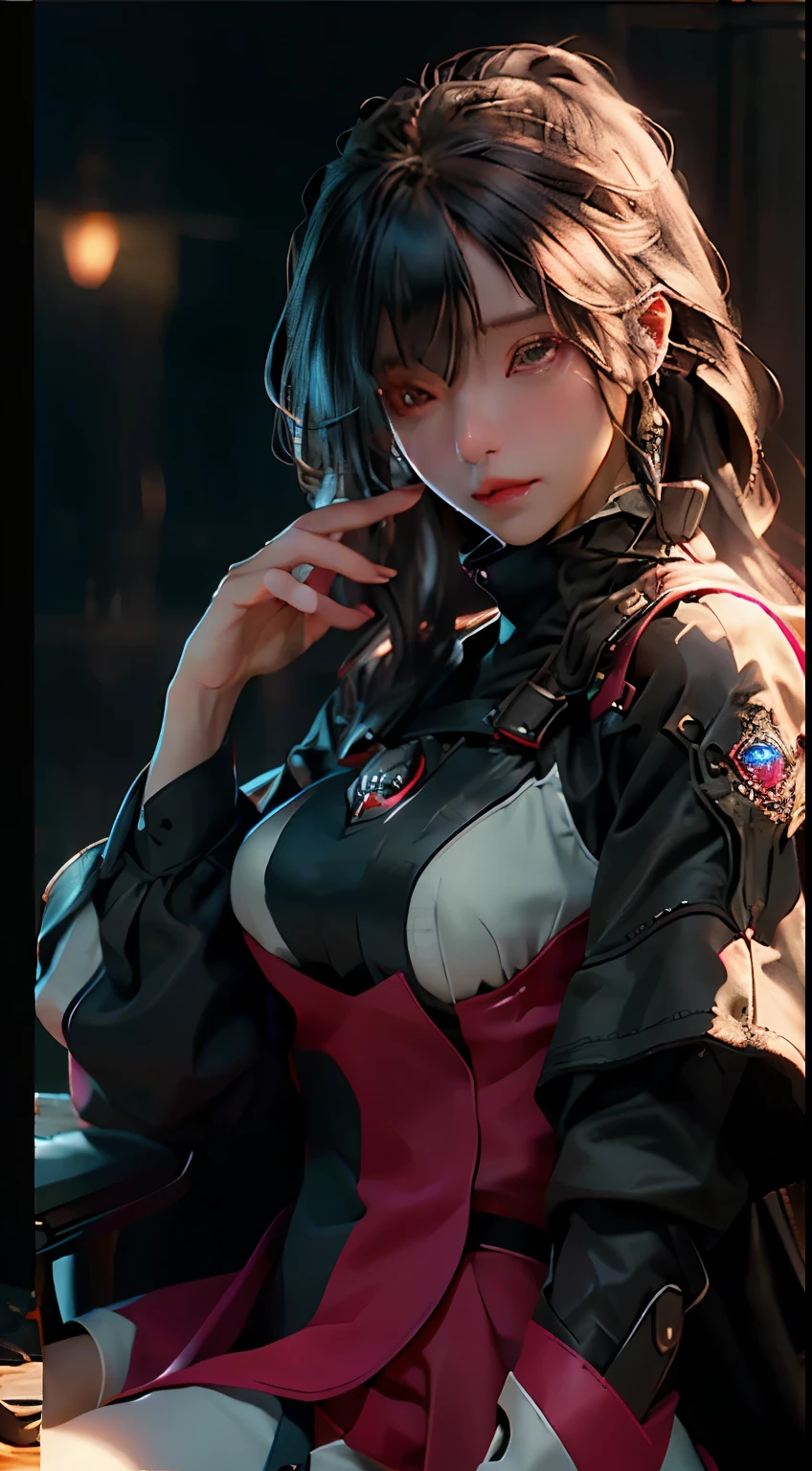 beautiful, alone, 1 chubby woman, long hair tied in a ponytail, black hair, blue highlights at the ends of her hair, silver eyes (detailed eyes), determined look, embarrassed expression, red lips (perfect lips), wide hips, thick leg, black leather kimono, pleated skirt, long fur jacket, futuristic, cyberpunk, cinematic angle, cinematic lighting, artwork, best quality, nsfw,