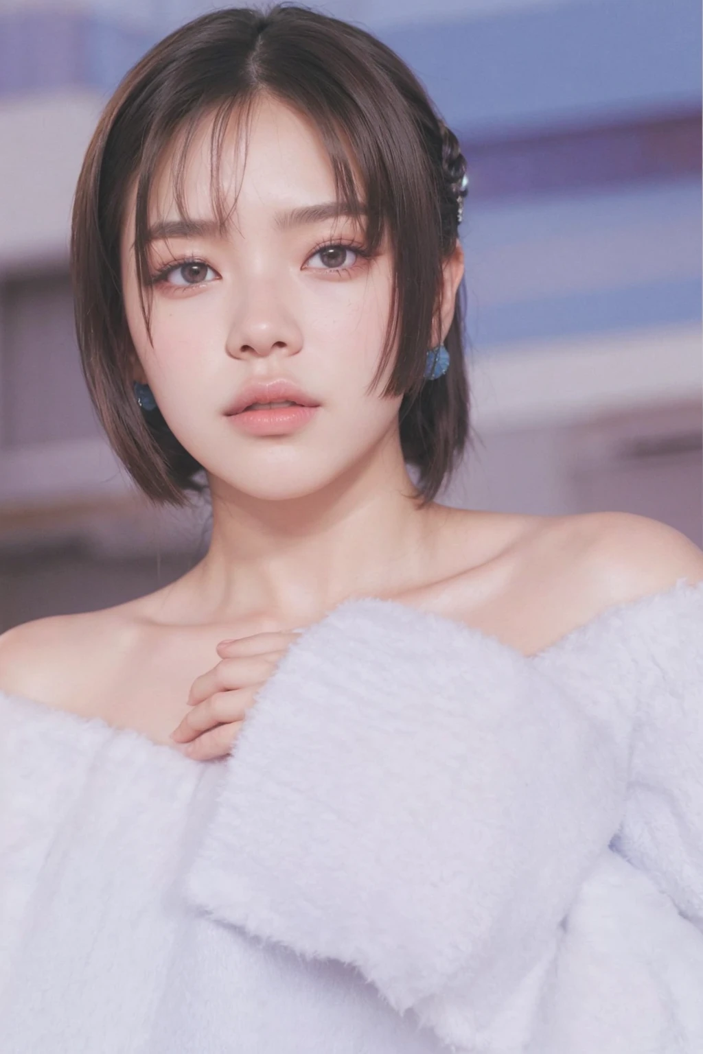 masterpiece, best quality, extremely detailed, hyperrealistic, photorealistic, a shot from head to knee, a pretty korean girl, ultra detailed face, black hair, many hearts in the air:1.2