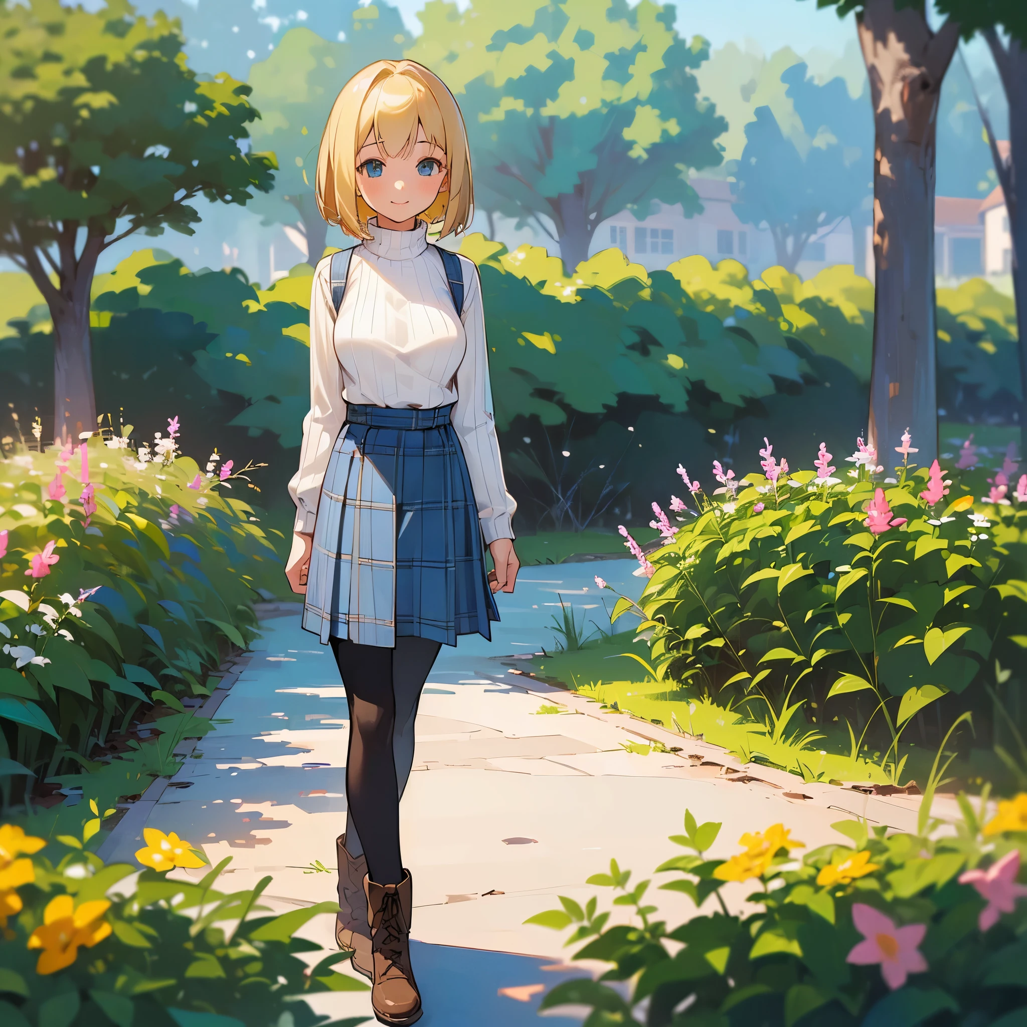 (high quality, High resolution, Super detailed, reality:1.37), peaceful atmosphere, (outdoor, garden), age girl standing alone, (my breasts are big.), Beautiful detail features, cute smile, (blonde bob hair), ribbed sweater, blue plaid skirt, black tights, brown boots.