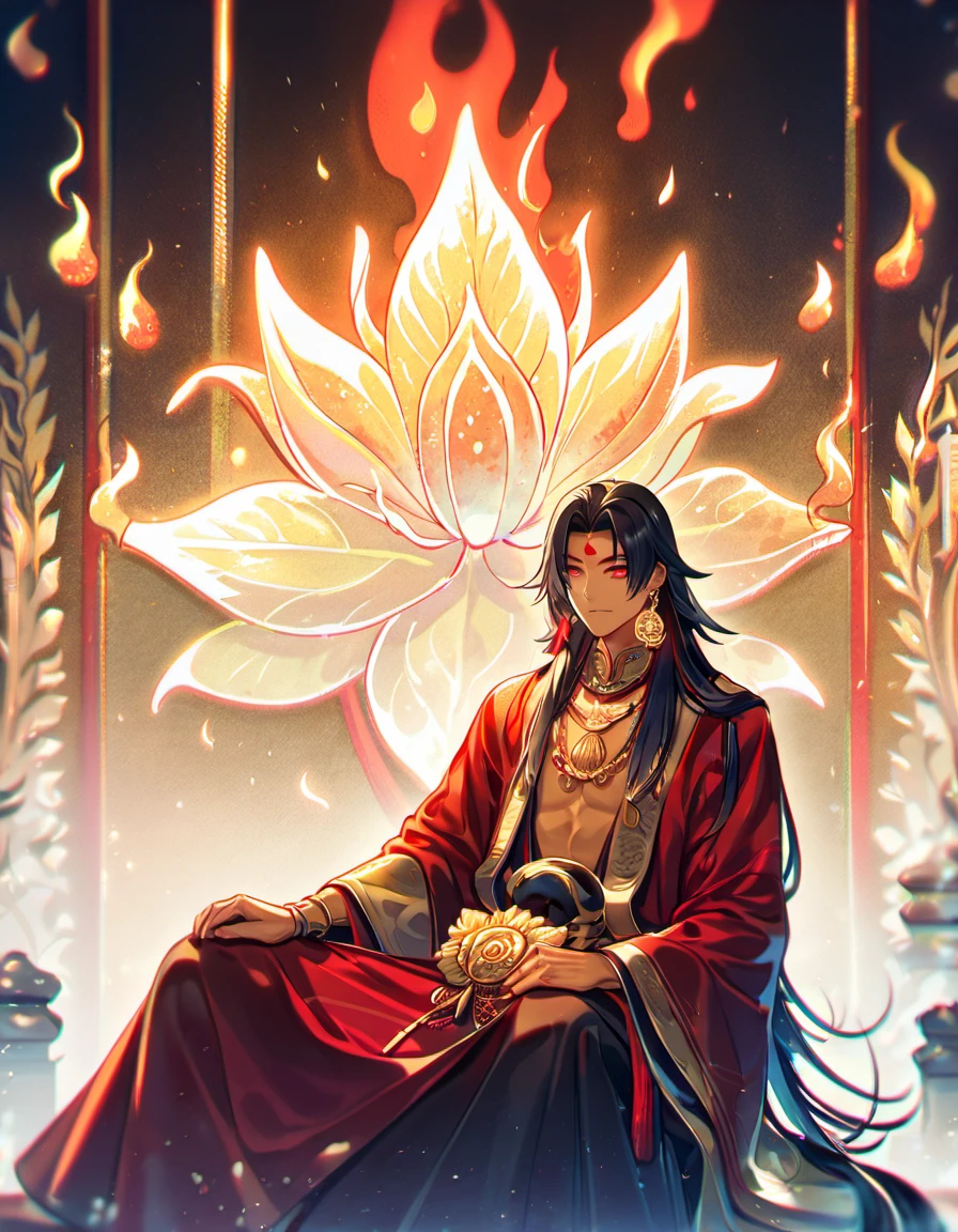 absurdres, highres, ultra detailed, HDR) master piece, best quality, extremely detailed, detailed face, detailed eyes, delicated features, tanned skin, Asura, black long hair, expressive red eyes, Onmyoji, solo, sexy man, handsome, lotus earrings, golden necklace, golden bangle bracelets, red haori, showing the chest, red tattoo, fantasy, magical, glittering, water, red flames, blue moon, red flowers, red butterflies, garden