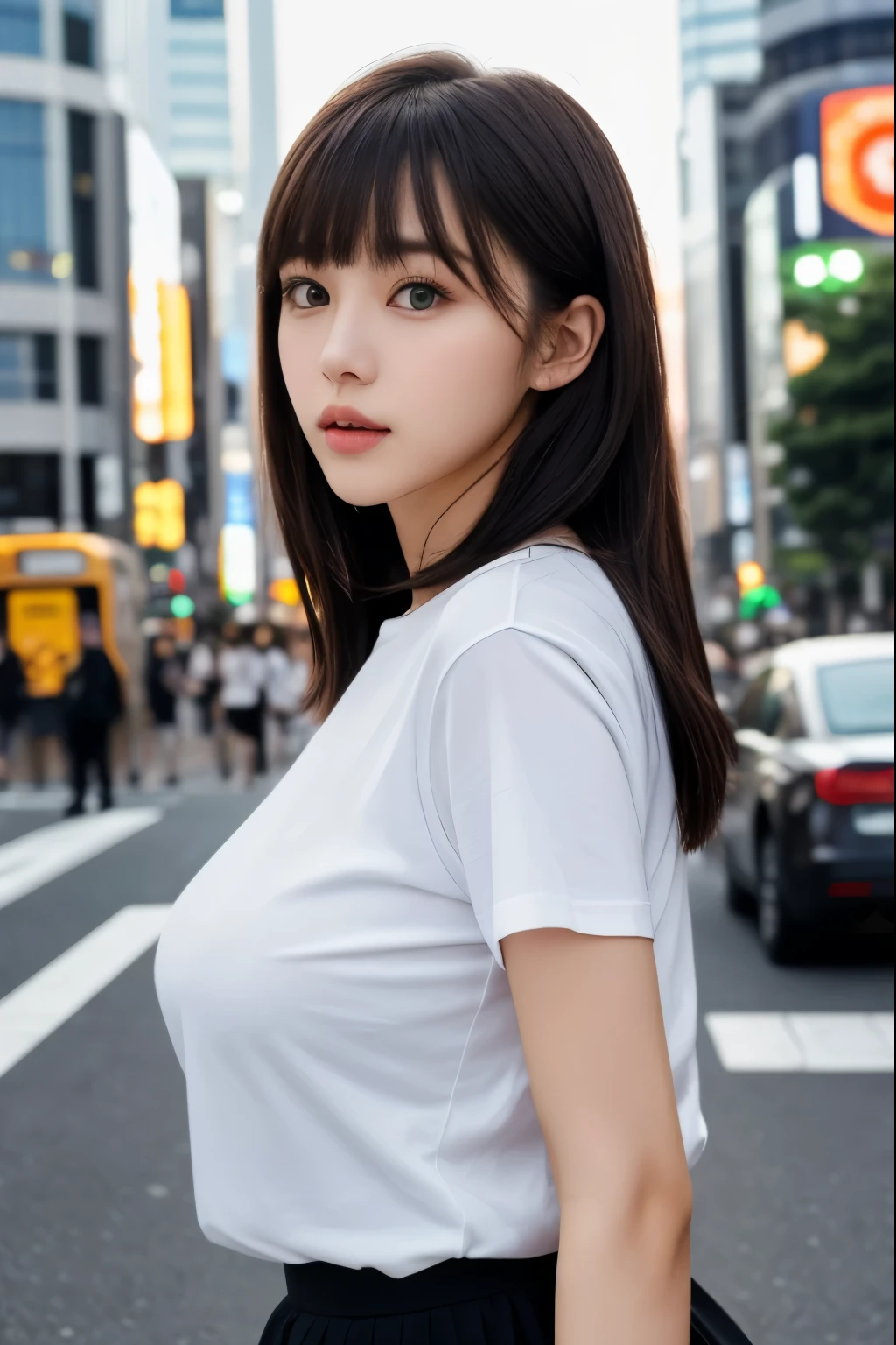 {{NSFW}},((highest quality、In 8K、masterpiece:1.1)),(Natural light),(shine:1.4),(illuminate the front), (ultra-detailed face),1 female、japanese woman、25-year-old adult female、前hairが可愛い女性、blunt bangs, bowl cut hair、Beautiful woman with bob hair、(短hairの女性)、droopy eyes、cute big eyes、beautiful double eyes、cute face、delicate and beautiful skin、human-like skin、Realistic skin feel、複雑な色hair、luster々hair、looking at camera、double round big eyes、Very delicate eyes、super detailed face、high definition lip、thick lips、Highlight the face、clear white skin、beautiful white woman、Nipples are erect and protruding、Feminine and attractive breasts,t-shirt、colorful skirt、woman wearing a t-shirt、Woman in short skirt、Woman wearing high heels、Shibuya scramble crossing、A woman standing on the road like a model、Woman wearing a plain shirt、