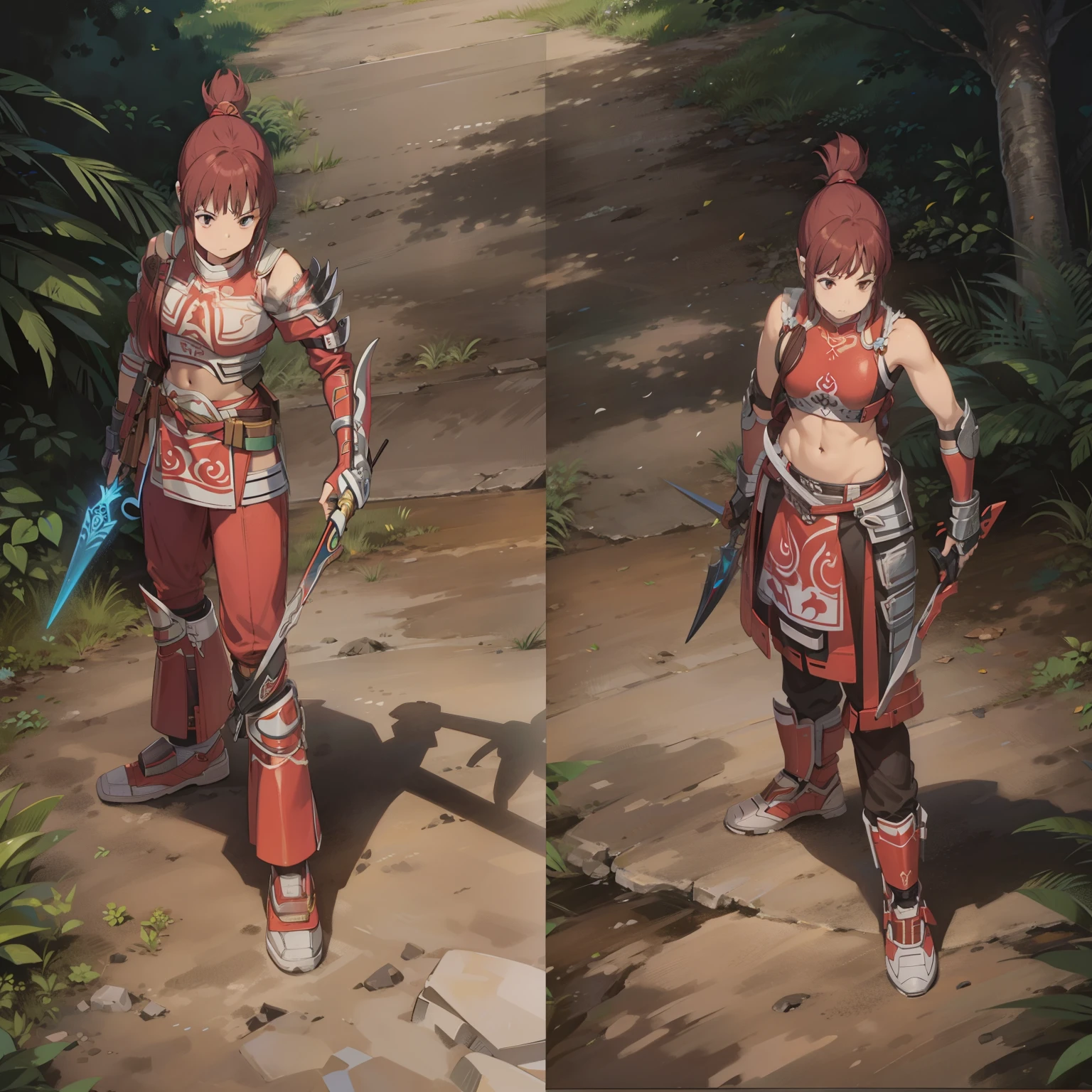 dibujo una mujer con una espada., guerrera, armadura de bikini caballero femenino, guerrera, armadura femenina, traje de guerrero mujer, Armadura metalica con botas de tela rojo y roja., Barbarian Woman, armadura plateada y ropa roja, armadura se sashimono, armadura-bikini, dama con armadura plateada y roja roja espadas doradas