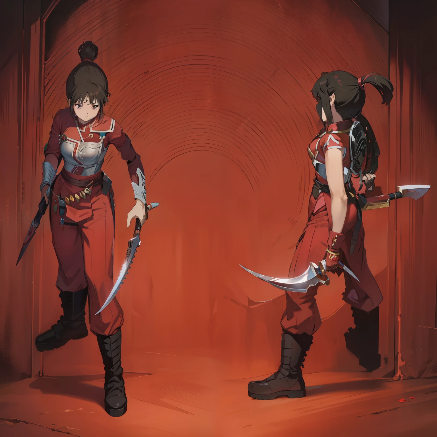 una mujer vestida de rojo sosteniendo un cuchillo y una espada, personaje de videojuego con traje de combate de tela un hombro cubeirto y el otro hombro descubierto , mujer asesina roja, mujer asesina, full body, kunoichi, cuerpo completo, red uniform, coleta en el cabello negro, guerrera adulta del norte, Wielding purple dagger with silver edge, dama con armadura roja y detalles metalicos
