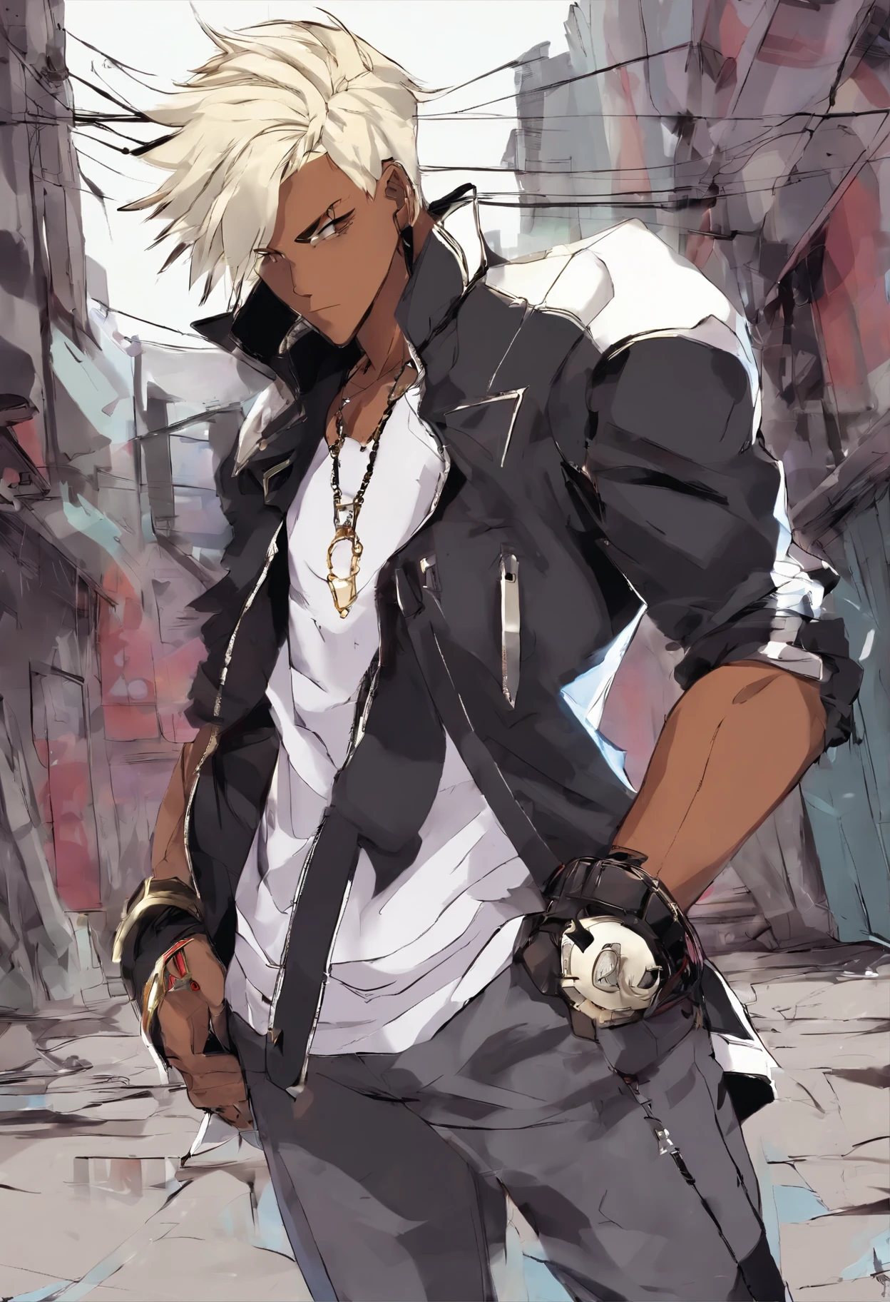 dark skinned boy with short platinum blonde hair and black jacket holding brass knuckles, , trigger anime art style, [[[[sonriendo malvadamente]]]], retrato de ((travieso)), , personaje de anime masculino, joven animado, inspirado en K' de King of Fighters, chico anime alto con ojos rosados, guantes sin dedos, [[[Chaqueta de motorista]]], calles urbanas con graffiti en las paredes, Alley background