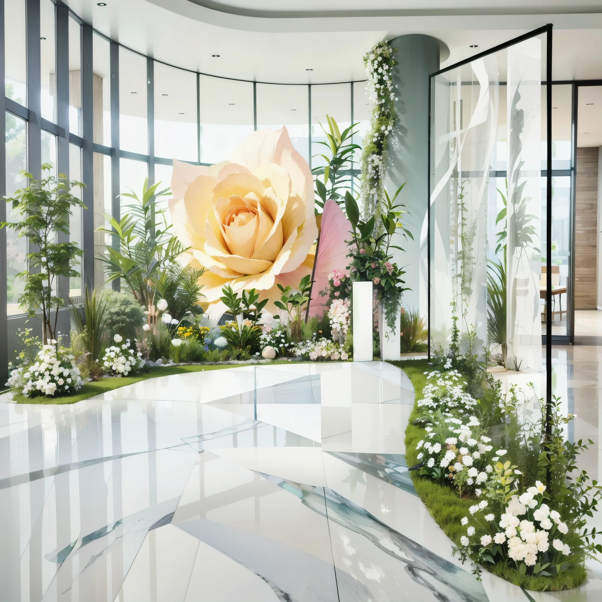 3D rendering, floral installation, event in the lobby of Kengo Kuma's office, green plants and white, inside tall glass cubicles, grass, marble floor with a giant pastel yellow rose, colorful, vines, watercolor,Planting White Roses, Pillar, wedding, HD quality, high detail, Very detailed, beautiful, architectural shots, Surrealism, Unreal Engine 5