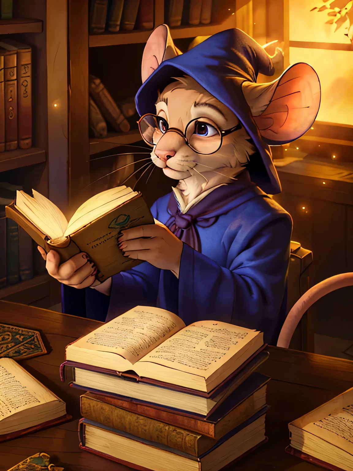(a,an,the),(90char,80word) best quality,4k,8k,highres,masterpiece:1.2,ultra-detailed,realistic,photorealistic:1.37,wizard,mouse librarian,beautiful detailed eyes,detailed lips,extremely detailed eyes and face,long eyelashes,bookshelf full of books,sparkling magic,dark mysterious atmosphere,old and worn-out leather-bound books,flashes of light,glowing ancient spellbook,flickering candlelight,magical artifacts,enchanted quills and inkwells,tomes of knowledge,fantasy setting,wise-looking mouse,hunched over a desk,focused expression,wisdom in the eyes,wizard hat and robe,scrolls of ancient spells,reading a book with intensity,faint whispers of incantations,sparks of magic dancing in the air,library filled with the scent of old parchment,ink stains on fingertips,whiskers twitching with concentration,aura of wisdom and power,curiosity-driven mouse,hidden secrets of the magical world,hidden alcove with glowing books,crackling fireplace in the corner,spiral staircase leading to a hidden room,mouse-sized reading glasses,whiskers illuminated by candlelight,shadows playing on the walls,spells being cast from open books,mysterious and fantastical,enchanted world of knowledge,adventure awaits in every tome,brushing off dust from a dusty old book,quiet and cozy library filled with magic
