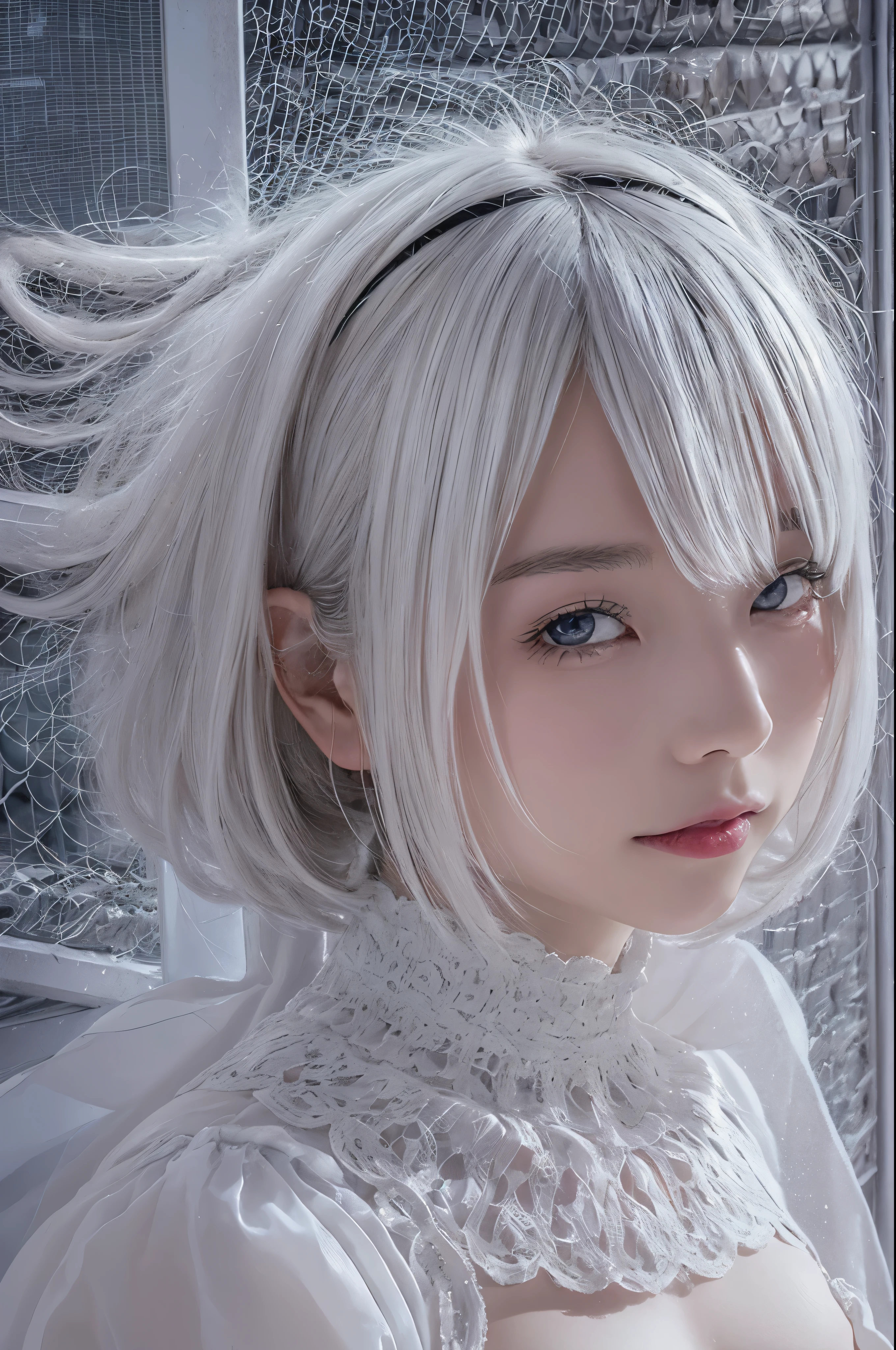 ((high quality)),table top,(Detailed depiction of local details:1.2),1 Japanese girl,(plump breasts:1.3),Enchanted Valley,closed mouth,eyelash,looking at the viewer,portrait,alone,Upper body,gray hair,white theme,short hair,silver hair,Yoruhano. 2 Type B,