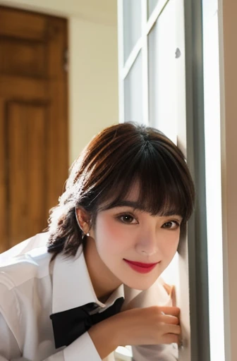 masterpiece, highest quality, Super detailed, figure, spectacular lighting, cinematic composition, isometric, 1 girl, alone, cute, brown eyes, black hair, flowing bangs, single side lock, red hair clip, white collared shirt, black tie, black pants, formal, captivating gaze, seductive pose, indoors, office, door, opening door, looking at the viewer, show one&#39;s upper body, blush, enchanting smile, closed mouth,(8K:1.1),whole photo,