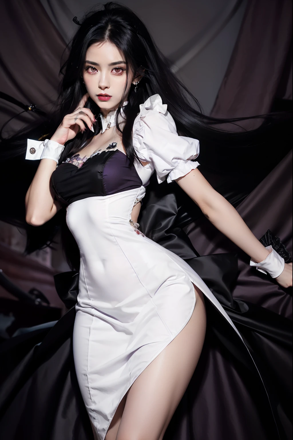 Vampire, ((female (demure and loyal))), ((jet-black hair (elongated))), ((violet eyes (piercing))), slender, agile, ((calm (presence))), ((charming (presence))), ((manor caretaker)), ((maid))