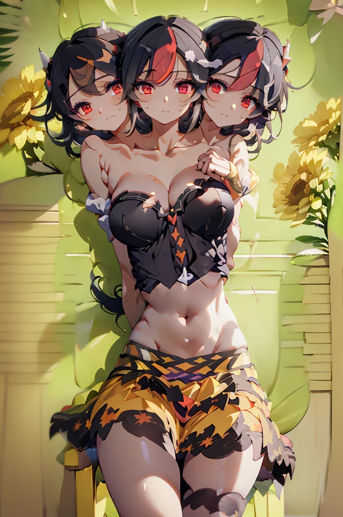 (masterpiece, best quality), best quality, (ultra-detailed), (3heads:1.5), 1girl, (seija kijin:1.3), masterpiece, best quality, ultra quality, ultra resolution, ultra detail, white top, crop top, ((stomach)), midriff, ((groin)), white skirt, frilled skirt, miniskirt, ends in gray, red, and black spade patterns, normal ears, shackles, black hair with white highlights, very long hair, wavy hair, sidelocks, red eyes, parted lips, very detailed eyes, sweat, cute, toned belly, hand on own chest, eyelashes, (24 year old woman:1.3), (masterpiece:1.5), (best quality:1.5), (beautiful detailed), extremely detailed CG, extremely delicate and beautiful, depth of field, (finely detailed face), (perfect details:1.3), (mature female:1.3), wide pelvis, slender, large veiny breast, 16k resolution, highres, high quality, high definition, extremely detailed, masterpiece, black hair with white highlights, long hair, alluring presence, twin braid, short skirt, close up, big tits, young, two small, light blue horns, nsfw,