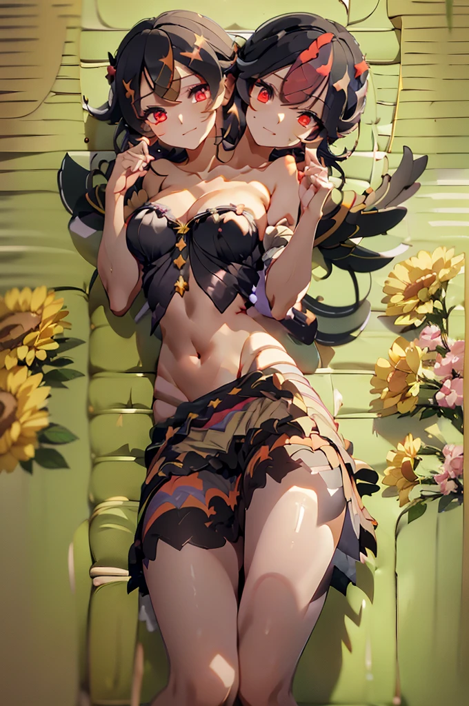 (masterpiece, best quality), best quality, (ultra-detailed), (3heads:1.5), 1girl, (seija kijin:1.3), masterpiece, best quality, ultra quality, ultra resolution, ultra detail, white top, crop top, ((stomach)), midriff, ((groin)), white skirt, frilled skirt, miniskirt, ends in gray, red, and black spade patterns, normal ears, shackles, black hair with white highlights, very long hair, wavy hair, sidelocks, red eyes, parted lips, very detailed eyes, sweat, cute, toned belly, hand on own chest, eyelashes, (24 year old woman:1.3), (masterpiece:1.5), (best quality:1.5), (beautiful detailed), extremely detailed CG, extremely delicate and beautiful, depth of field, (finely detailed face), (perfect details:1.3), (mature female:1.3), wide pelvis, slender, large veiny breast, 16k resolution, highres, high quality, high definition, extremely detailed, masterpiece, black hair with white highlights, long hair, alluring presence, twin braid, short skirt, close up, big tits, young, two small, light blue horns, nsfw,