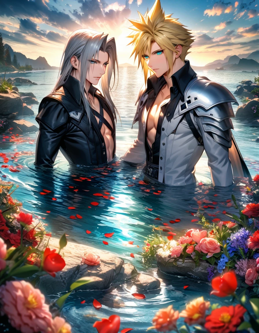 Ultra detailed, highres, absurdres, HDR, Sephiroth, grey hair, green eyes, Final Fantasy, Cloud Strife, blue eyes, blonde hair, 2 gay man together, handsome, water, flowers and red petals,