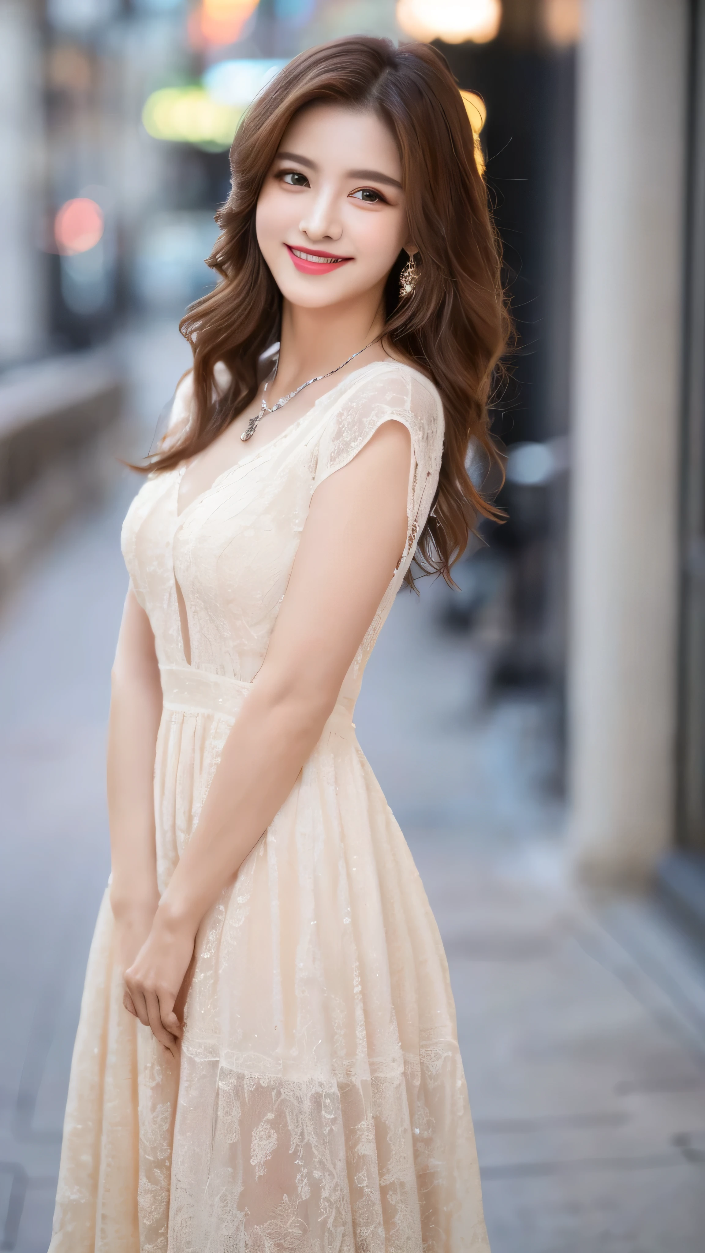 (highest quality, 8K, masterpiece: 1.3), ,(The ultimate beauty of a movie actress:1.4),beautiful woman with perfect figure: 1.2, (Nationality: Korean:1.3), wearing a pendant, strapless、elegant long dress、(very affectionate smile:1.2)、 highly detailed face and skin, fine eyes, double eyelid, ((full body shot:1.3))、