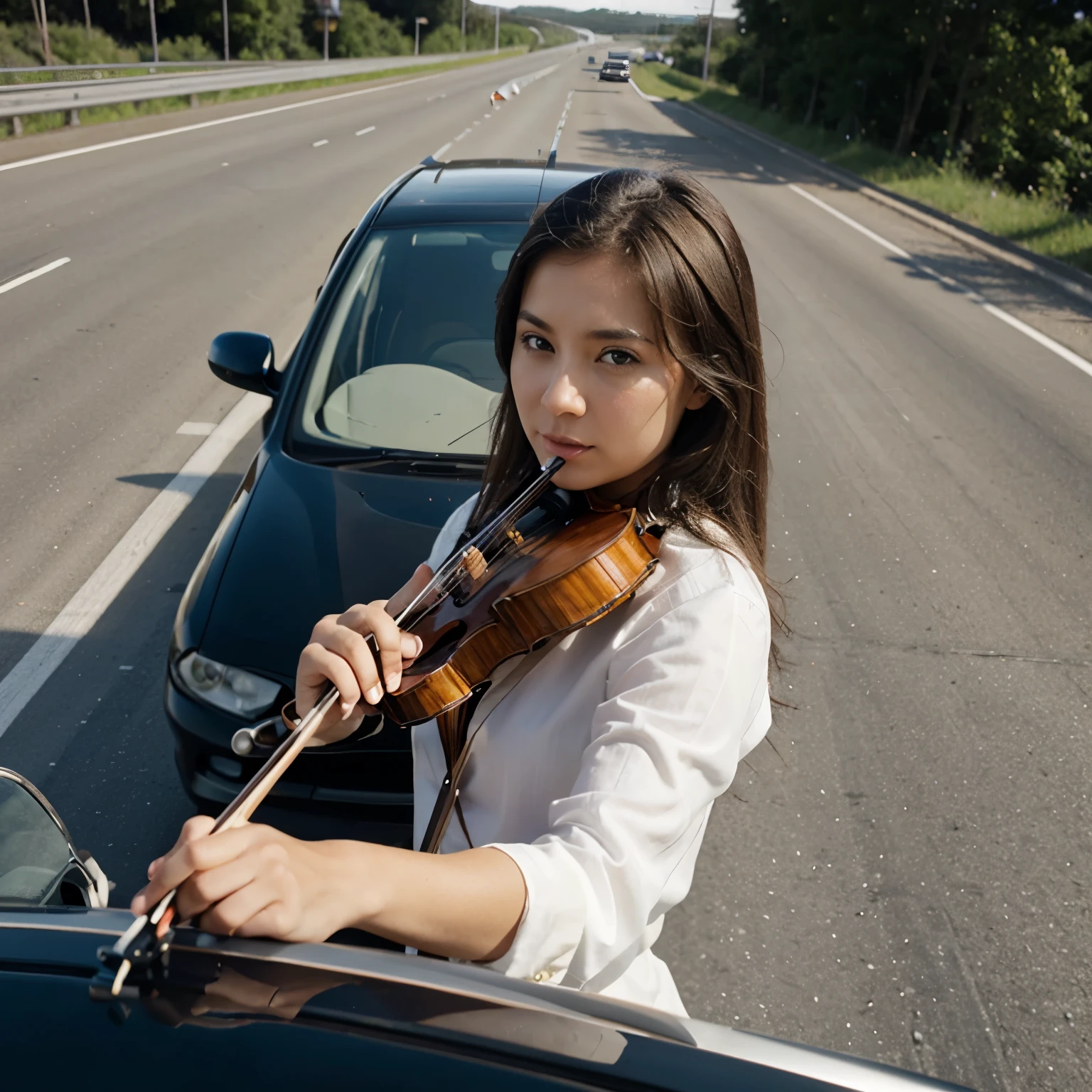 Violinist driving on the highway while playing the violin