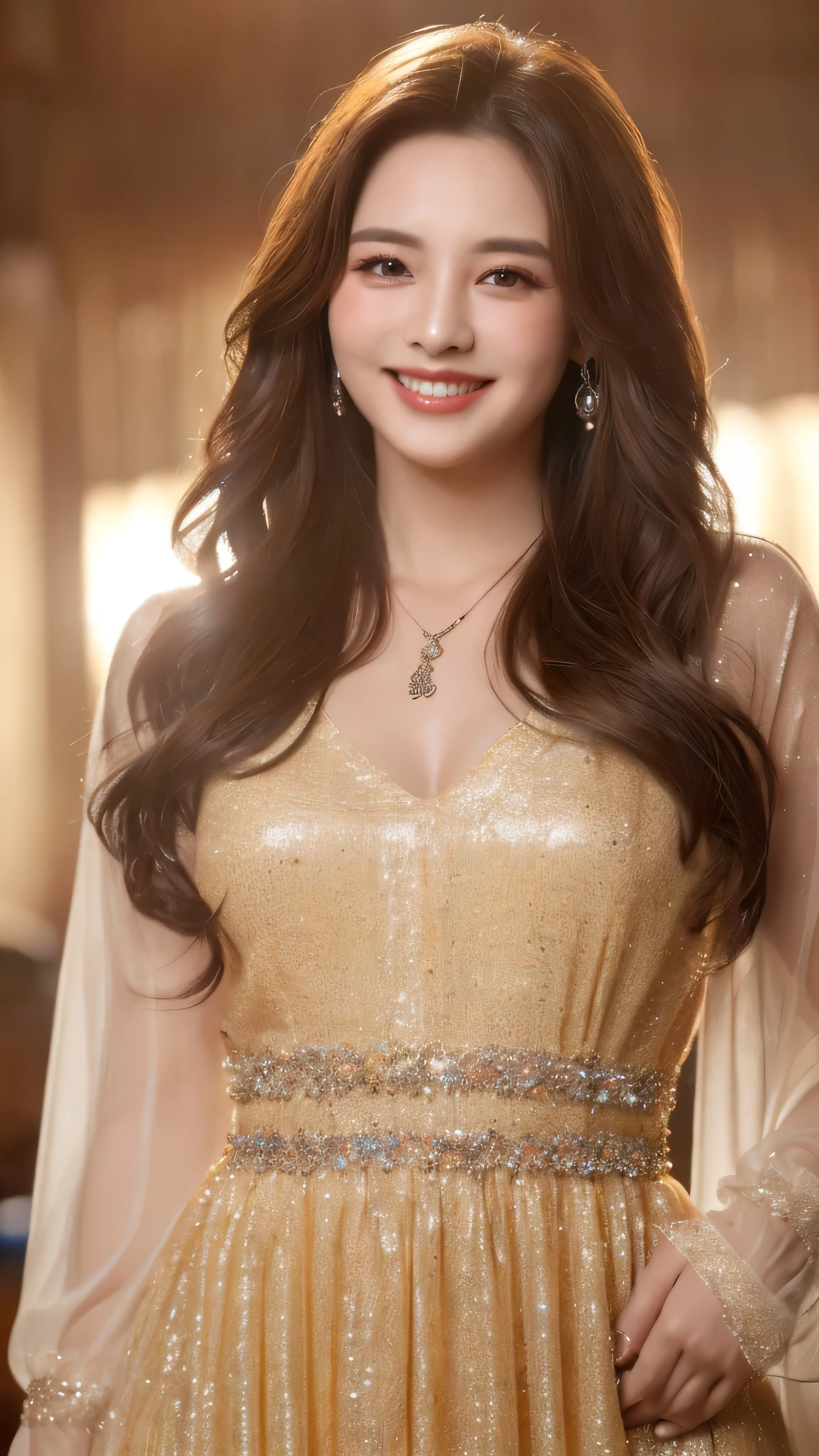 (highest quality, 8K, masterpiece: 1.3), ,(The ultimate beauty of a movie actress:1.4),beautiful woman with perfect figure: 1.2, (Nationality: Korean:1.3), wearing a pendant, strapless、elegant long dress、(very affectionate smile:1.2)、 highly detailed face and skin, fine eyes, double eyelid,  ((full body shot:1.3))、