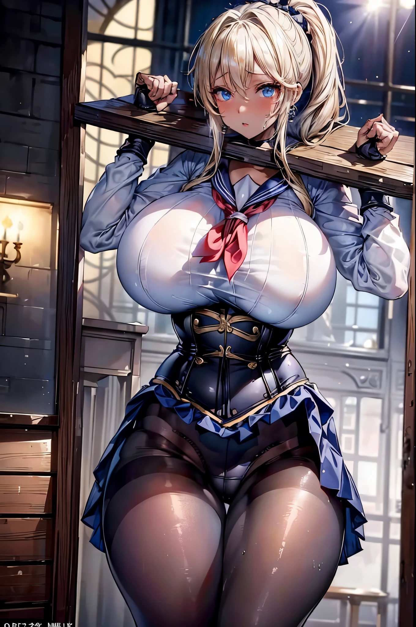 (masterpiece:1.2、highest quality、T Masterpiece)、1 female、alone、classroom、Day、stand、blonde、ponytail、blue eyes、(sailor suit:1.25)、(black skin:1.25)、big breasts、pantyhose、corset、earrings、lipstick、very sweaty、Scrunchie、choker、blush、(pillory:1.4)