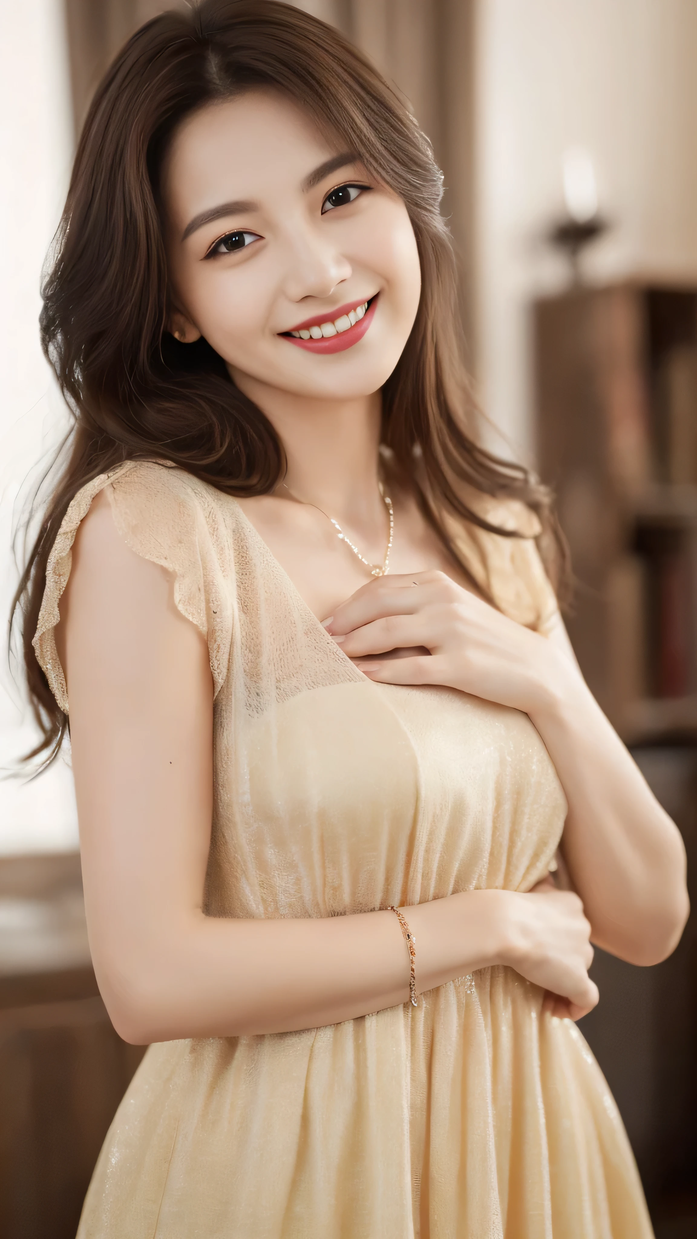 (highest quality, 8K, masterpiece: 1.3), ,(The ultimate beauty of a movie actress:1.4),beautiful woman with perfect figure: 1.2, (Nationality: Korean:1.3), wearing a pendant, strapless、elegant long dress、(very affectionate smile:1.2)、 highly detailed face and skin, fine eyes, double eyelid, ((full body shot:1.3))、
