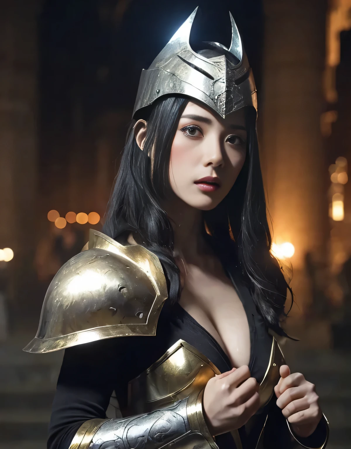 (a knight girl)、highest quality、masterpiece、超A high resolution、(Photoreal:1.4)、Raw photo、1 girl、(Don the Armor of the Dark Knight)、glowing skin、(((dark fantasy)))、Fight with beautiful sword and shield expressions))),(gorgeous gold metal body)、(fight goblins、ghost、Fierce battles with orcs),(battle against strong enemies)、fight fiercely、(Ruined dungeon ruins background)、(ultimate beauty)、(detailed knight helmet)、(battle with monsters)、(Pointed Hat Wizard Hat)、((Ultra realistic details))、Portrait、(Strong Huge Monster Background),global illumination、Shadow、octane rendering、8K、super sharp、Huge 、Raw skin exposed in cleavage、Metal、intricate decorative details、Japan details、very intricate details、realistic light、(mysterious look),CG Society Trends、red eyes、shining eyes、towards the camera)、gundam、Small LED、two stock、(Background of mutation)、(Attack of the monsters)、ultimate beauty、beautiful female knight、wearing colorful armor、detailed sword、(wearing legendary armor)、