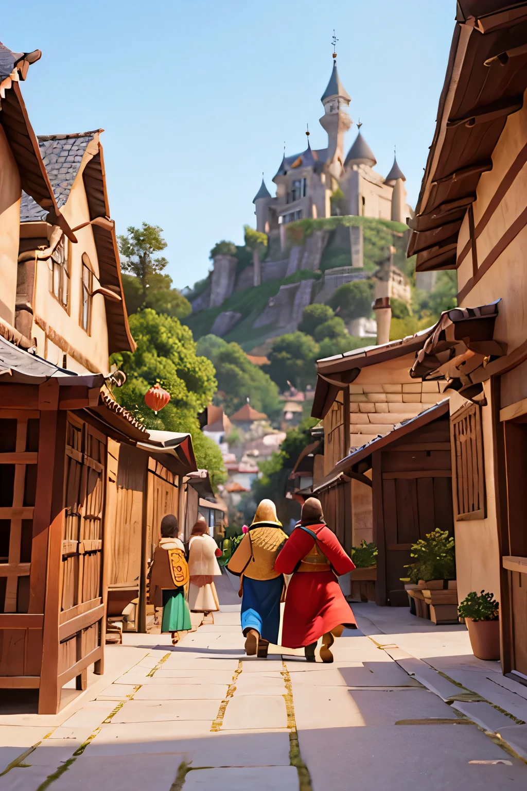 kingdom, medieval style, peaceful, with stalls in the streets, people walking, happy people, colorful and festive, biblical style