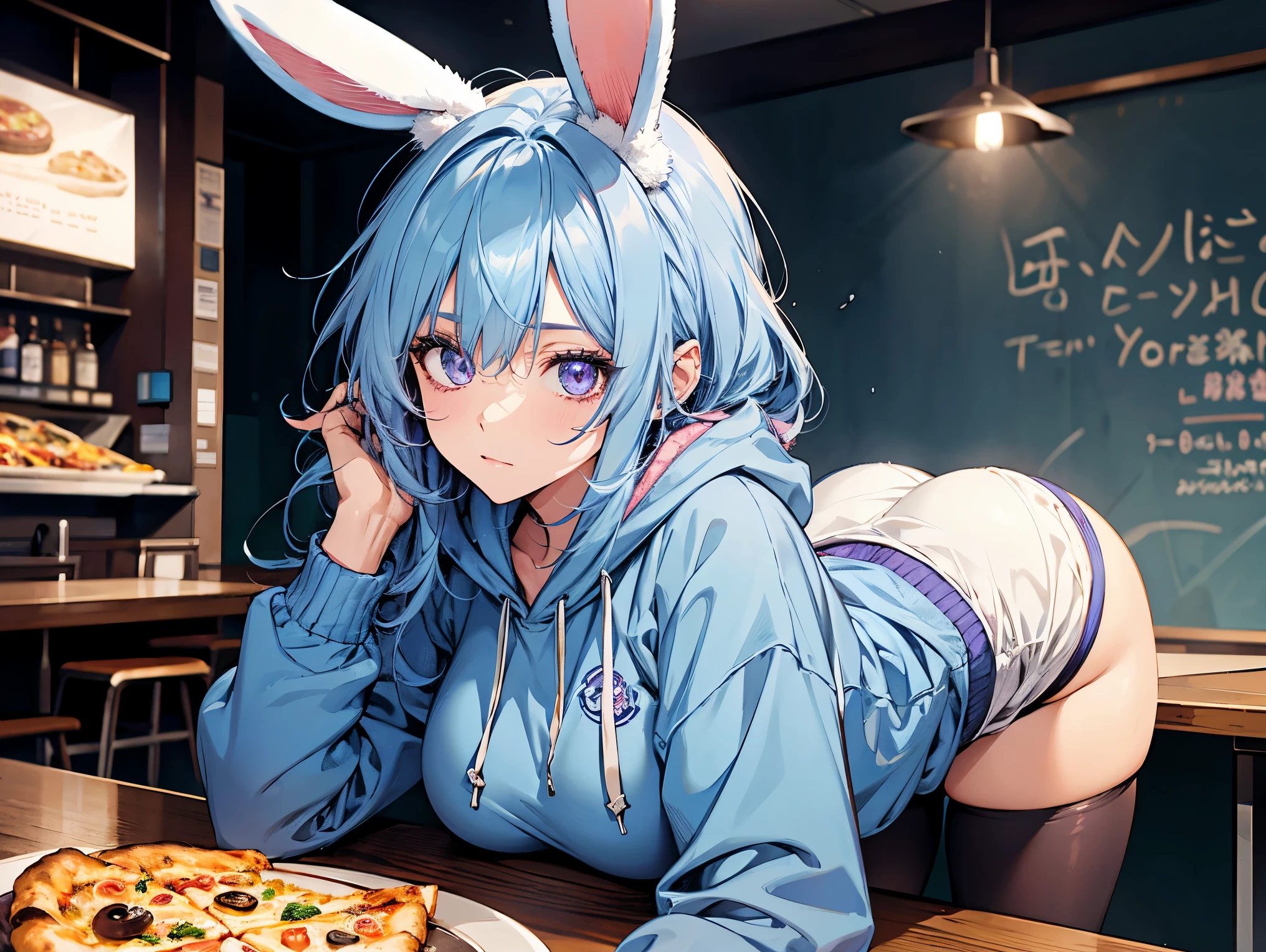1 female, teacher, wearing light blue hoodie, bootyshorts, Thicc, light blue hair, long hair, light blue bunny ears, purple eyes, face to detail, detailed eyes, the background is a pizzaria,