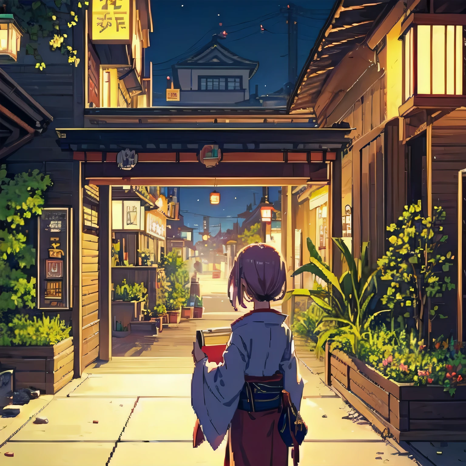city pop、girl、anime、night view、Cat、relax、You can see the townscape from the window、Wearing headphones、night viewを眺めている、The wind is blowing、inside the room、dim、indirect lighting、reading a book、Foliage plant、Taken from a little distance、looking out the window、Looking out the window、Japan、indirect lighting、Cat、late night、high resolution、Details down to the last detail、Pixel art、Japan scenery、pixel art
