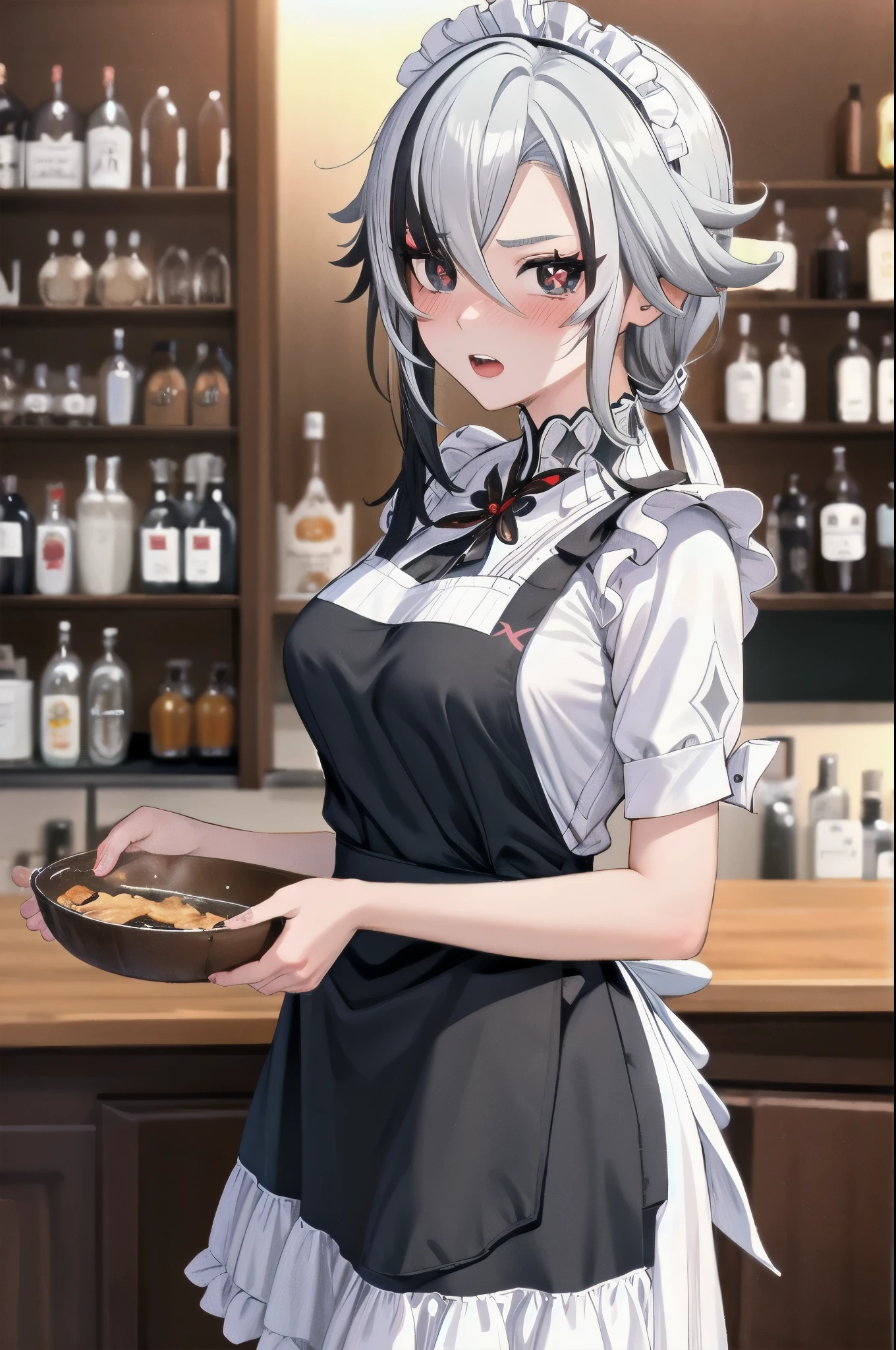 1girl, arlecchino \(genshin impact\), maid, maid headdress, maid apron, embarrassed, open mouth, blush, light frown, looking at viewer, x-shaped pupils, black eyes, cowboy shot, bar \(place\), indoors, depth of field