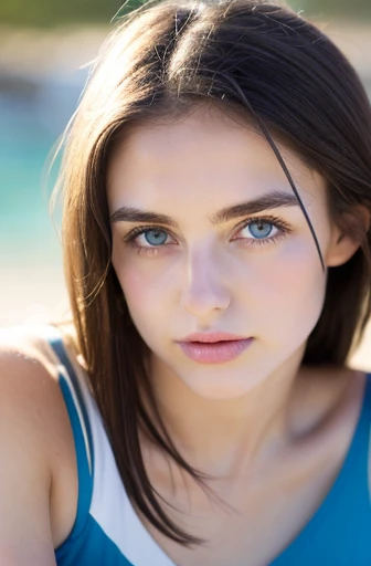 14age caucasian model, beach volleyball swimwear,((clean clothes)), wearing a blank , Natural light, pretty white woman, blank hair, lazy smile, (8K, Live shooting, highest quality, head of'artwork: 1.2), head of'artwork, great details, , High-definition RAW color photo, , , , , , highly detailed eyes, realistic skin texture, highly detailed fingers, very small nose, highly detailed mouth, , on the beach, , transparency、Transparent processing、beach volleyball swimwearを着用、, cheveux blanks, Eyes are blue and pupils are black, head of'artwork, Dressed for beach volleyball, , shiny hair and blank skin, 、 natural skin texture, young woman like a girl, A photo without a close-up of the face、blue eyes, 、lowered eyebrows, innocent look, Gentle eyes, natural skin texture, round face, kind eyes, long and pure blank beautiful hair、, small face, No decorations, blank, droopy eyebrows, Mont Blanc, blank, droopy eyebrows, shining eyes, Both eyes are the same size and shape, A photo of the upper body from the knees down