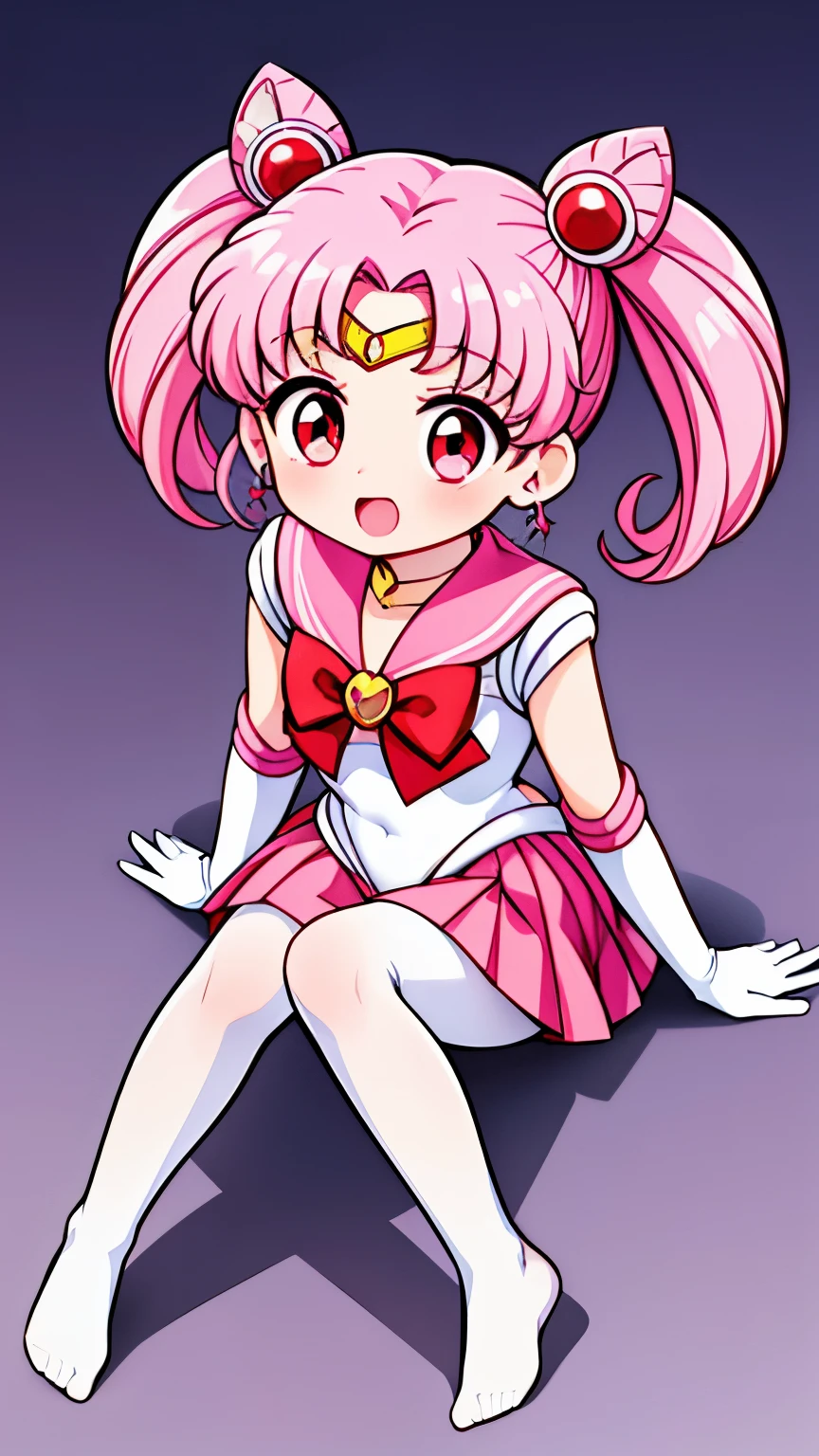 sailor moon，childhood，Young，Seven years old，Cute little loli，Pink hair twintails，short hair，red eyes，Sailor suit，bow tie，White elbow gloves，red skirt，no shoes，Open your mouth，laughing out loud，white pantyhose，sitting，short legs