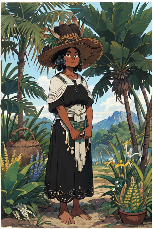 Indigenous mixed with black, espanhola, italiana, indigenous black (obra de arte, Melhor qualidade:1.2), ao ar livre, Natureza, floresta, pameiras imperiais, grama, tall grama, detailed grama, Plantas, dia, nuvens, decolonial Christian and African religion, mistura de cultura