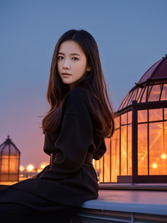 highest quality, masterpiece, very detailed, detailed background, anime, 1 girl, young girl, short girl, SF, SF, outdoor, night, starry sky, greenhouse, huge structure, biodome, Wind景, scenery, horizon, rooftop, sitting on rooftop, Wind, look away, atmosphere lighting, focus only, close, From the side, Depth of the bounds written, Bokeh