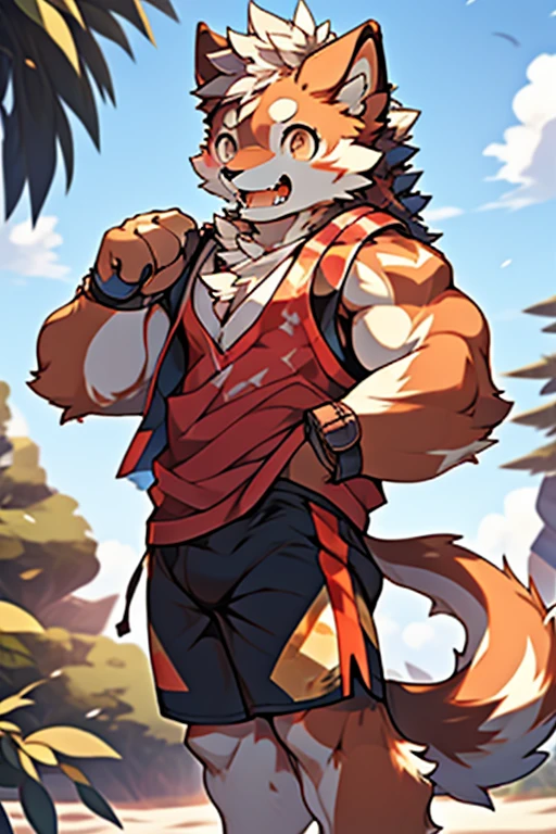 Shota-chan exudes warmth，Personification of Nian Beast，beautiful day in the sky，Wearing shorts and a furry tank top，Transformed into a white night, human hair was dyed bright，Eyes reflect black and pupil，Visible abdominal muscle firmness，Mouth is open, laughter full of joy，Detailed facial rendering gives CG realistic visual effects，a form of photography，Holding the drum tightly in hand，Bring joy and happiness to every audience。A furry art journey unfolds before your eyes。