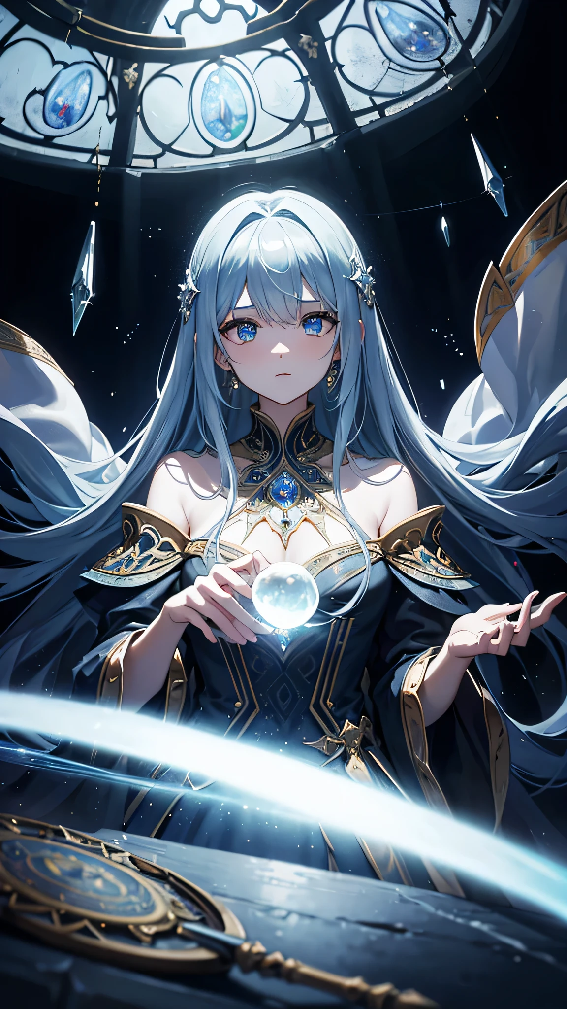 Imagine a masterpiece of the highest quality, an 8k resolution illustration depicting a fortune teller with the mysterious power of prophecy, playing a pivotal role within a secret society. This enigmatic seer, cloaked in garments rich with occult symbols and celestial motifs, sits before an ancient, ornate table. Her eyes, illuminated by the flicker of candlelight, peer into the future, fixated on a crystal ball that glows with an otherworldly light.
Surrounding her, the dimly lit chamber of the secret society is filled with arcane artifacts and ancient tomes, the walls lined with tapestries that tell of prophecies past. The air is thick with the scent of incense, swirling in the soft glow that emanates from her crystal ball. Her face, shrouded in shadow, hints at a serene confidence in her foretelling abilities, even as the details of her prophecies remain veiled in mystery.
The illustration captures not only the intricate details of her mystical surroundings but also the intense focus and subtle aura of power that surrounds her. Every element, from the texture of her robes to the delicate carvings on the table and the ethereal light casting shadows across the room, is rendered with meticulous care, inviting the viewer into a world where the future might be known, but is always shrouded in enigma.