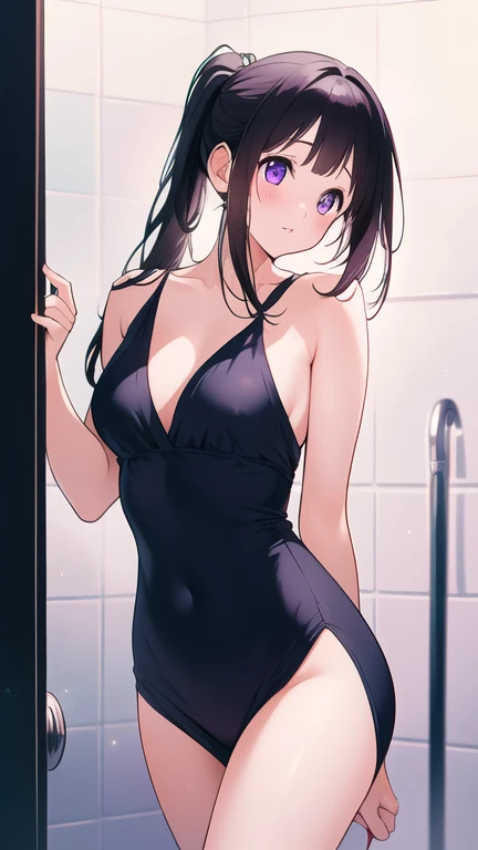 Stunning Chitanda, There is only one beautiful girl,purple eyes, black hair, single ponytail, straight bangs,extremely refined,adult face,lips open,flowing long hair,Peerless beautiful girl, dreamlike,Slim,soft, (Sensual), (kawaii), Dream quality,take a shower,extremely shy,Hands are not exposed,ultra high resolution, (masterpiece:1.2, best quality), (Exquisite and beautiful eyes: 1.2), (Beautiful and delicate face)