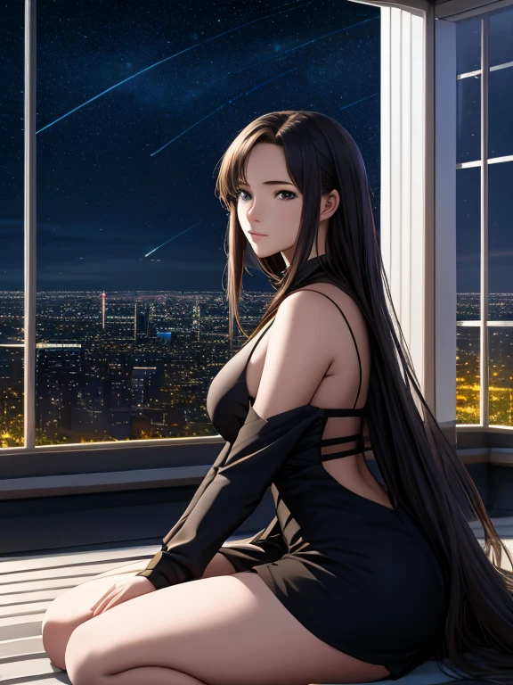 (best quality, masterpiece:1.2),ultra-detailed,realistic:1.37,anime,1girl,young girl,short girl,sci-fi,outer space,outdoor,night,starlit sky,greenhouse,huge structure,biodome,landscape,scenery,horizon,rooftop,sitting on rooftop,wind,gazing into the distance,atmospheric lighting,focus only,closed,from the side,shallow depth of field,bokeh