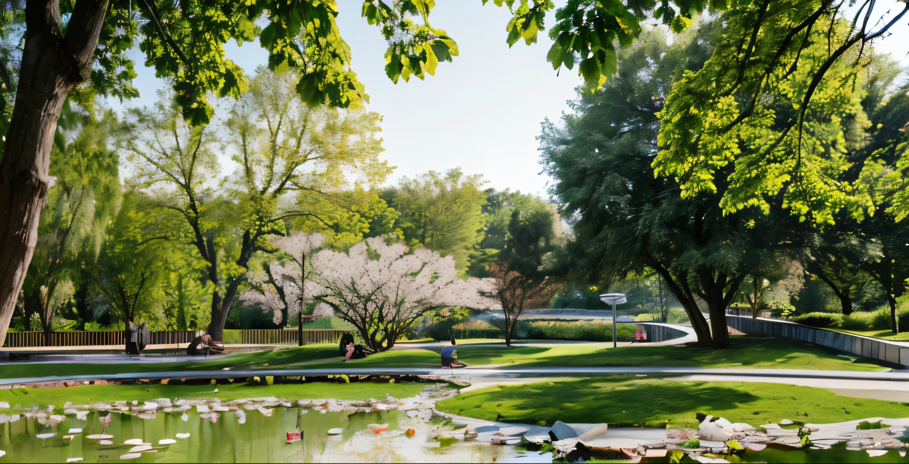 modern campus, thriving university, pond, beautiful landscape, trees blossoming