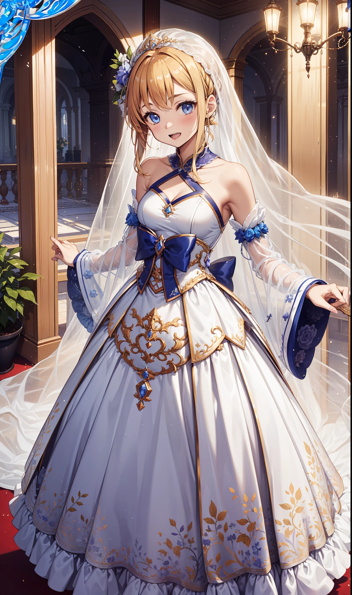 top quality，Highest resolution，young woman of 20 years，Fascinated，having fun，in love，Light white wedding dress，Lilac cloth，see through transparent clothes，Beautifully dressed，A small amount of lace，the only person，Blonde，light blue eyes，night，Banquet hall,charm，super ultra detail