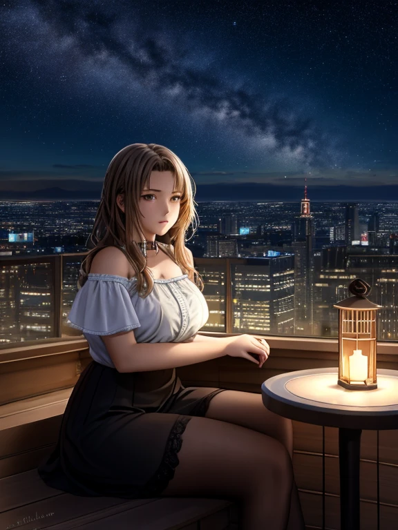 highest quality, masterpiece, very detailed, detailed background, anime, 1 girl, young girl, short girl, SF, SF, outdoor, night, starry sky, greenhouse, huge structure, biodome, Wind景, scenery, horizon, rooftop, sitting on rooftop, Wind, look away, atmosphere lighting, focus only, close, From the side, Depth of the bounds written, Bokeh