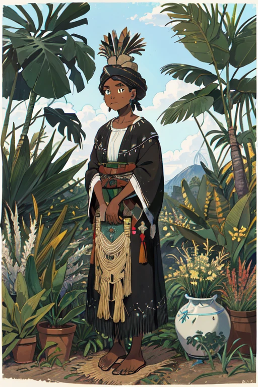 Indigenous mixed with black, espanhola, italiana, indigenous black (obra de arte, Melhor qualidade:1.2), ao ar livre, Natureza, floresta, pameiras imperiais, grama, tall grama, detailed grama, Plantas, dia, nuvens, decolonial Christian and African religion, mistura de cultura 
