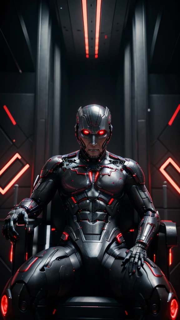 Ultron, medium bust, solo, sitting, throne, villain, robot, audience focus, red glowing eyes, spread legs, intricate details, cyberpunk ornament background intricate detail, masterpiece, absurd, best quality, 8k, from the front, full body