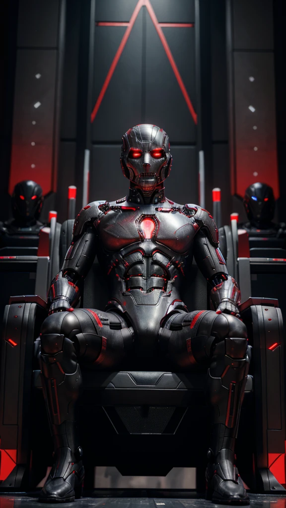 Ultron, medium bust, solo, sitting, throne, villain, robot, audience focus, red glowing eyes, spread legs, intricate details, cyberpunk ornament background intricate detail, masterpiece, absurd, best quality, 8k, from the front, full body