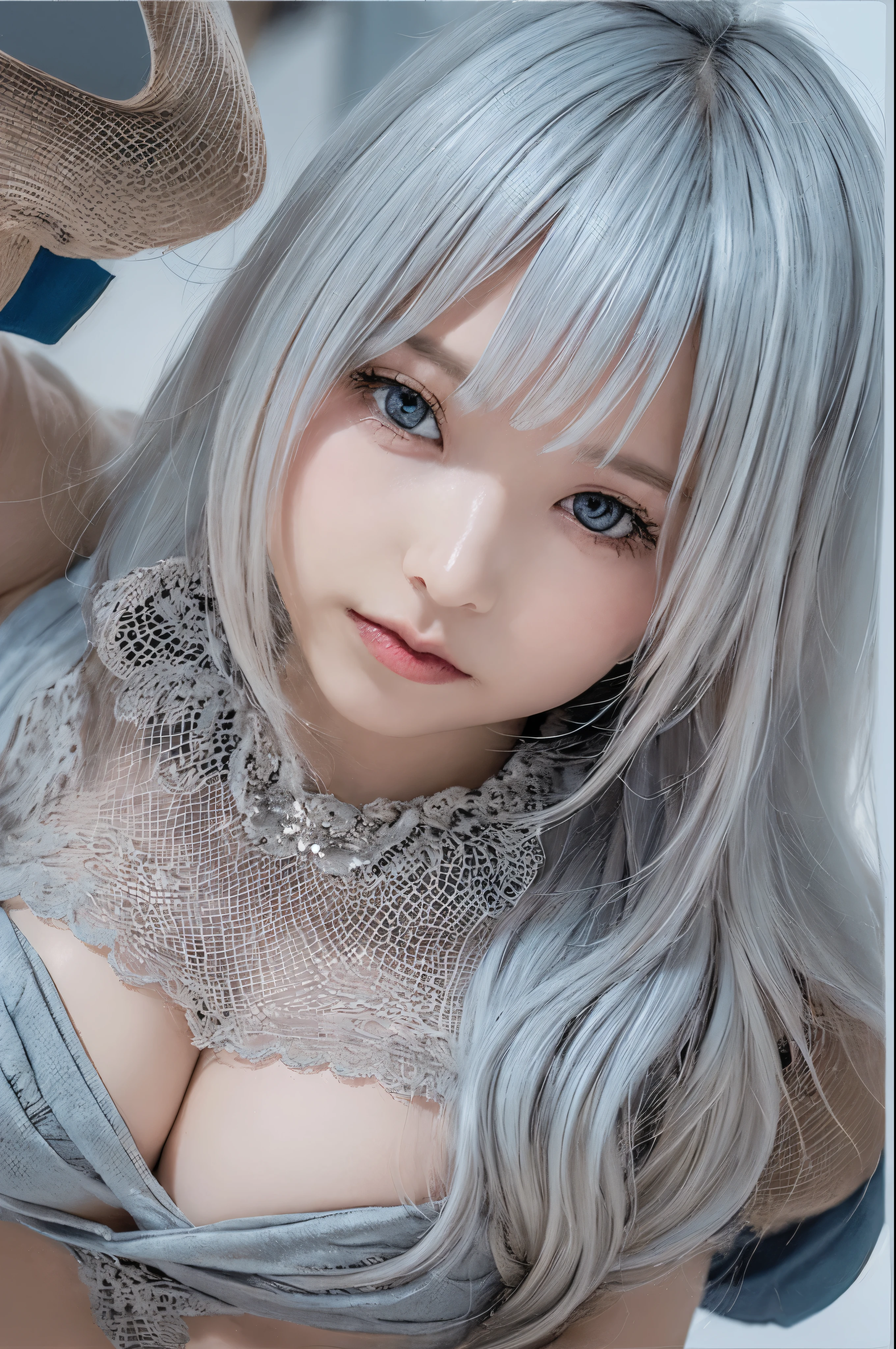 ((high quality)),table top,(Detailed depiction of local details:1.2),1 Japanese girl,(plump breasts:1.3),Enchanted Valley,closed mouth,eyelash,looking at the viewer,portrait,alone,Upper body,gray hair,white theme,short hair,silver hair,Yoruhano. 2 Type B,