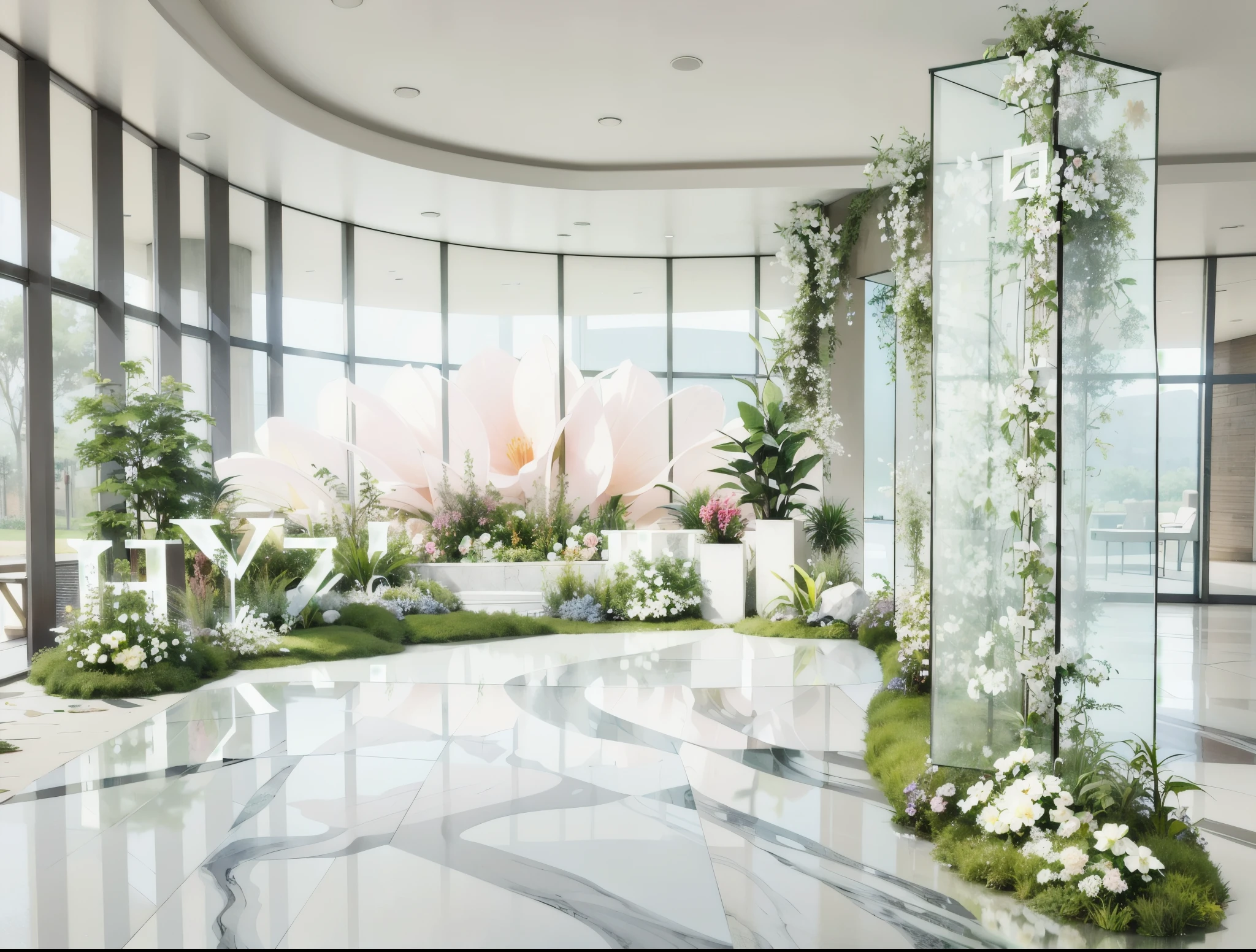 3D rendering, floral installation, event in the lobby of Kengo Kuma's office, green plants and white, inside tall glass cubicles, grass, marble floor with a giant pastel yellow rose, colorful, vines, watercolor,Planting White Roses, Pillar, wedding, HD quality, high detail, Very detailed, beautiful, architectural shots, Surrealism, Unreal Engine 5